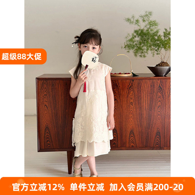 BEIFU贝芙 女童夏季假两件中式国风汉服裙儿童天丝绣花旗袍连衣裙