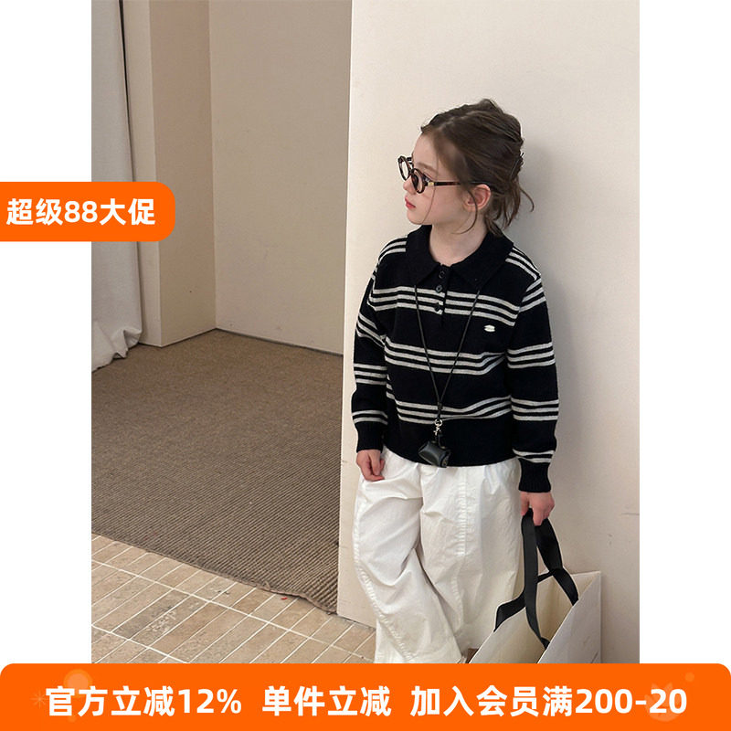 BEIFU贝芙 女童春秋装复古polo领条纹毛衣儿童韩版学院风针织上衣