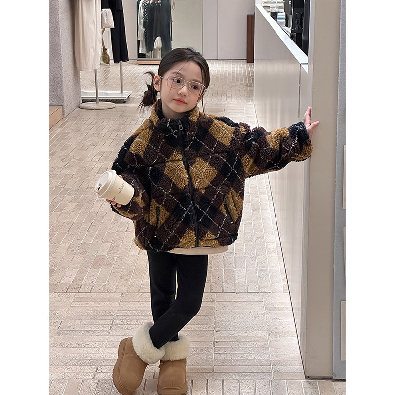 BEIFU贝芙 女童冬季加厚保暖格子毛绒外套儿童韩版夹棉立领棉服潮