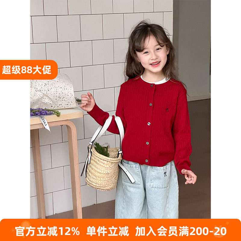 BEIFU贝芙 女童春秋装百搭麻花针织开衫儿童韩版洋气刺绣毛衣外套