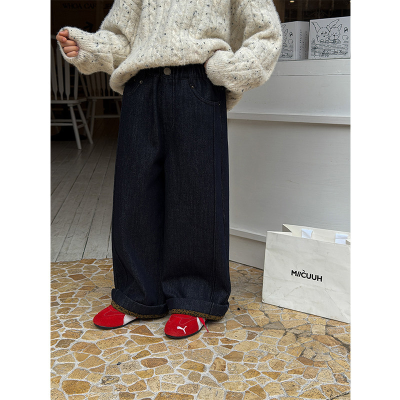 BEIFU贝芙 儿童冬季加厚个性翻边豹纹牛仔裤女童加绒保暖直筒长裤