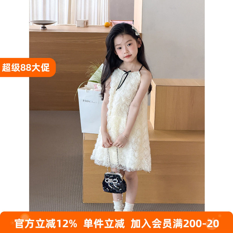 BEIFU贝芙 女童夏季甜美精致立体玫瑰背心裙儿童温柔风挂脖连衣裙