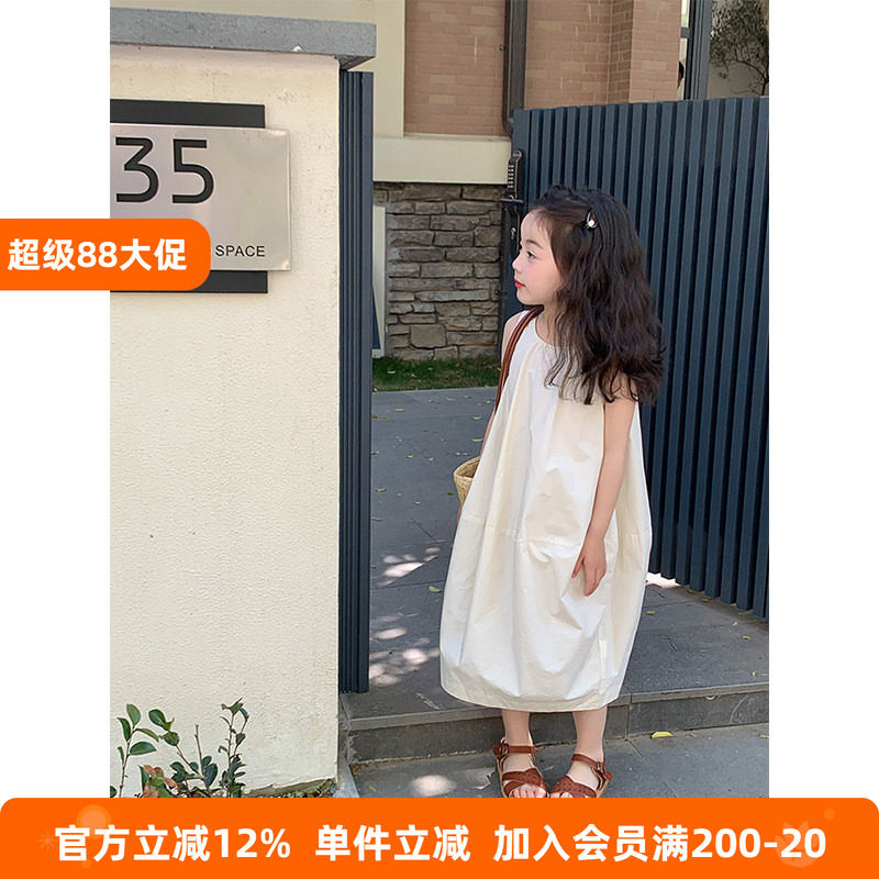 BEIFU贝芙 女童小众设计感纯棉背心长裙儿童薄款茧型开叉连衣裙夏