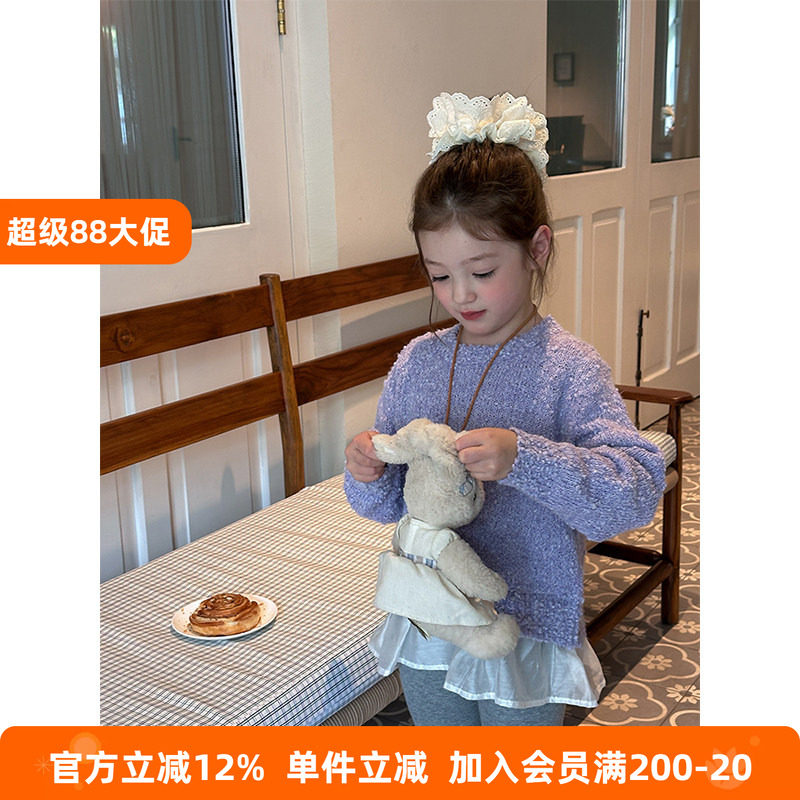 BEIFU贝芙 儿童春秋装气质拼接假两件毛衣女童时髦百搭花边针织衫