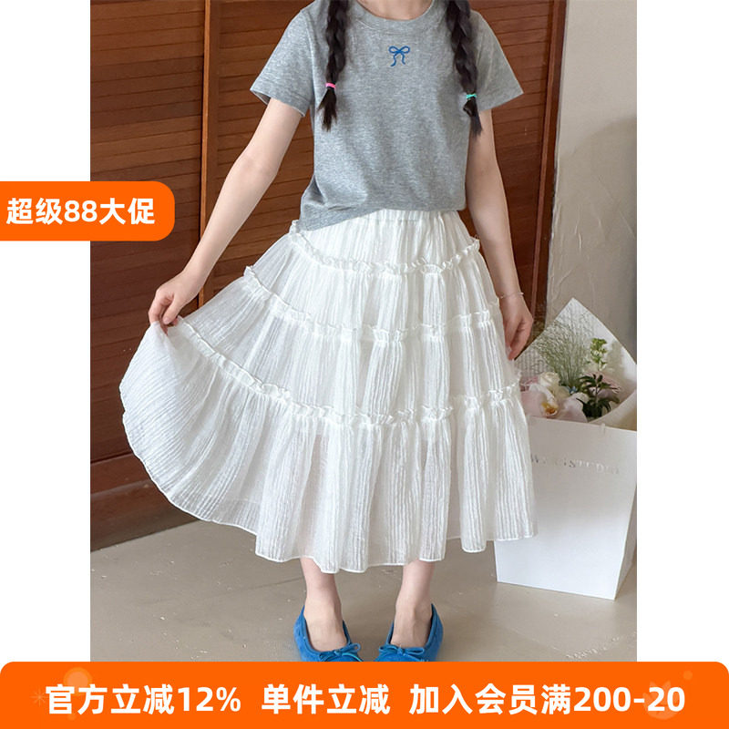 BEIFU贝芙 女童夏季白色层层蛋糕裙儿童薄款木耳边中长款半身纱裙