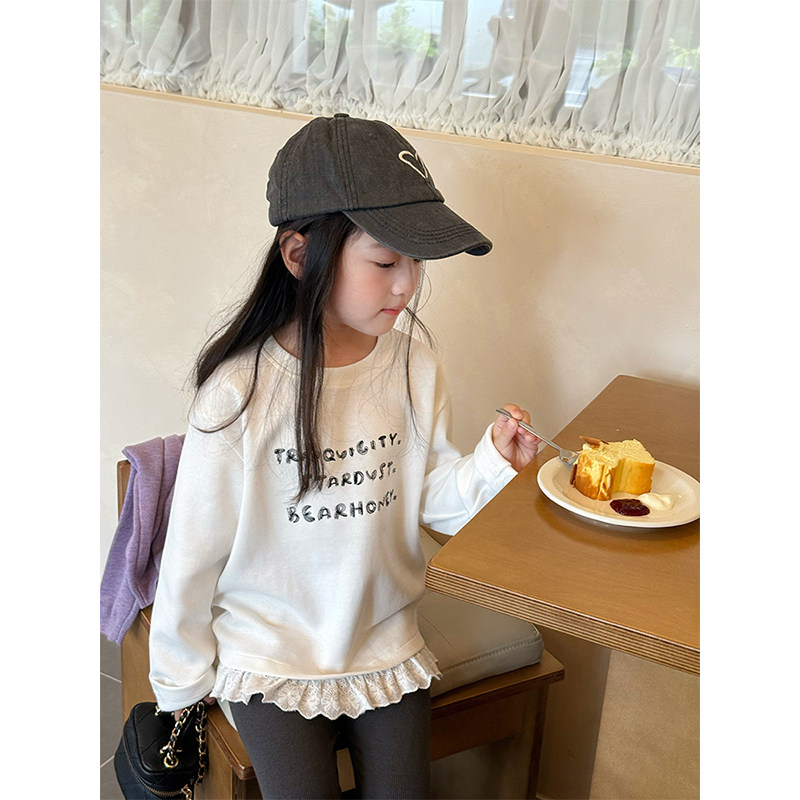 BEIFU贝芙 儿童韩版蕾丝花边字母打底衫女童春秋纯棉百搭拼接T恤