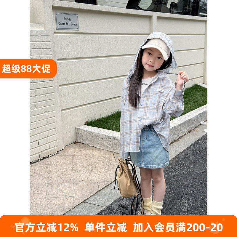 BEIFU贝芙 儿童春秋休闲格子连帽防晒衣女童韩版宽松字母衬衫外套