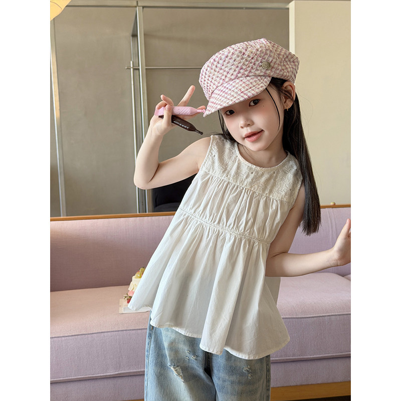 BEIFU贝芙 女童夏季洋气蕾丝拼接无袖娃娃衫儿童韩版气质全棉背心