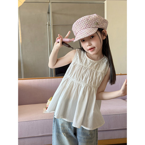 BEIFU贝芙 女童夏季洋气蕾丝拼接无袖娃娃衫儿童韩版气质全棉背心