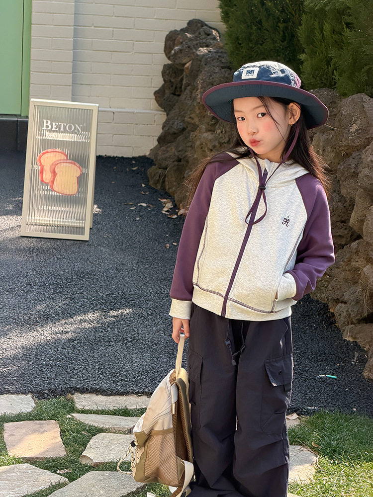 BEIFU贝芙 儿童春秋装洋气休闲明线拼接连帽外套女童韩版宽松上衣