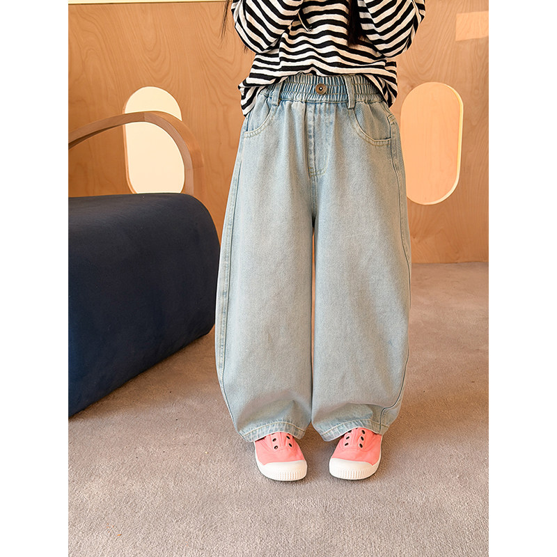 BEIFU贝芙 儿童春秋装复古磨白弯刀牛仔裤女童韩版休闲阔腿直筒裤