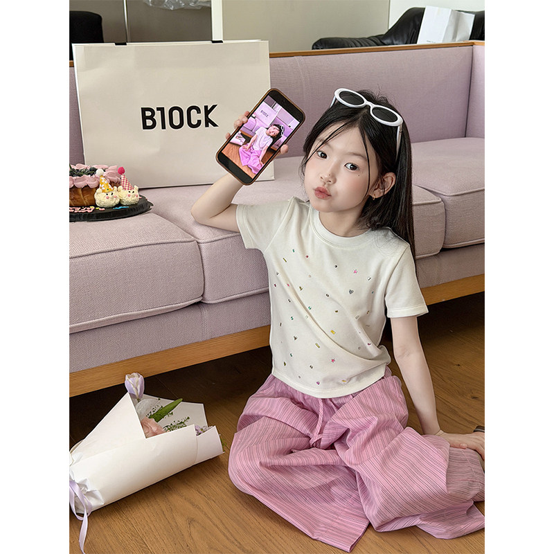 BEIFU贝芙 女童夏季满印彩钻短袖T恤儿童韩版百搭莱赛尔亮钻上衣