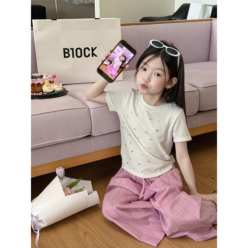 BEIFU贝芙 女童夏季满印彩钻短袖T恤儿童韩版百搭莱赛尔亮钻上衣