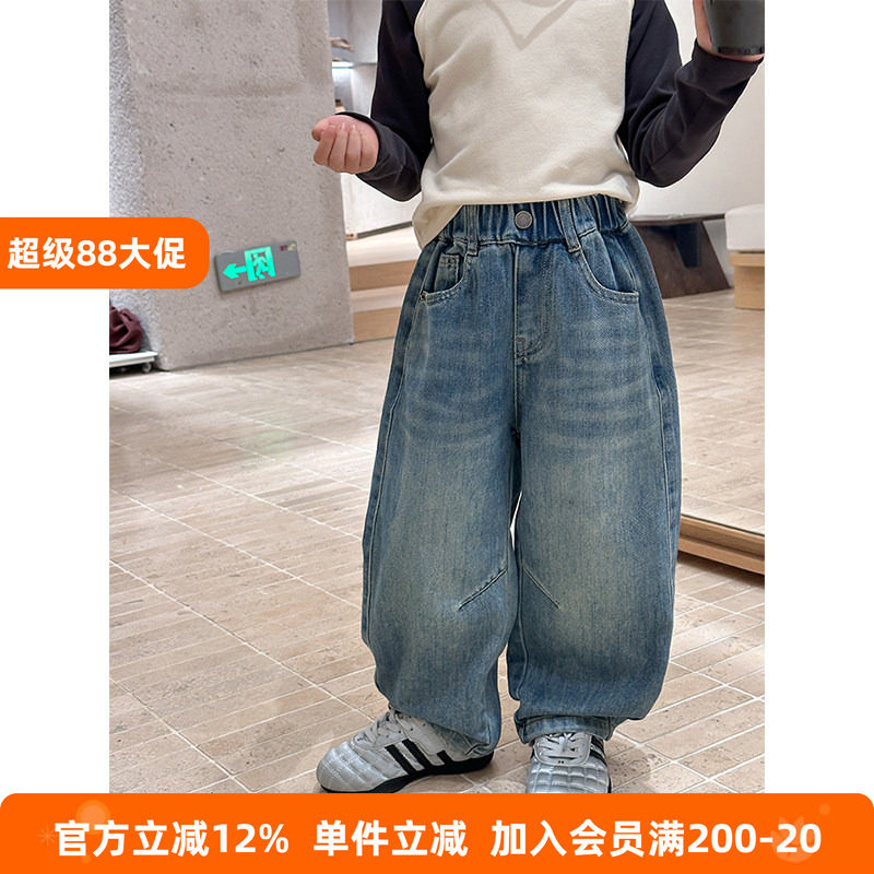 BEIFU贝芙 儿童春秋装百搭磨白拼接牛仔裤女童韩版宽松休闲弯刀裤