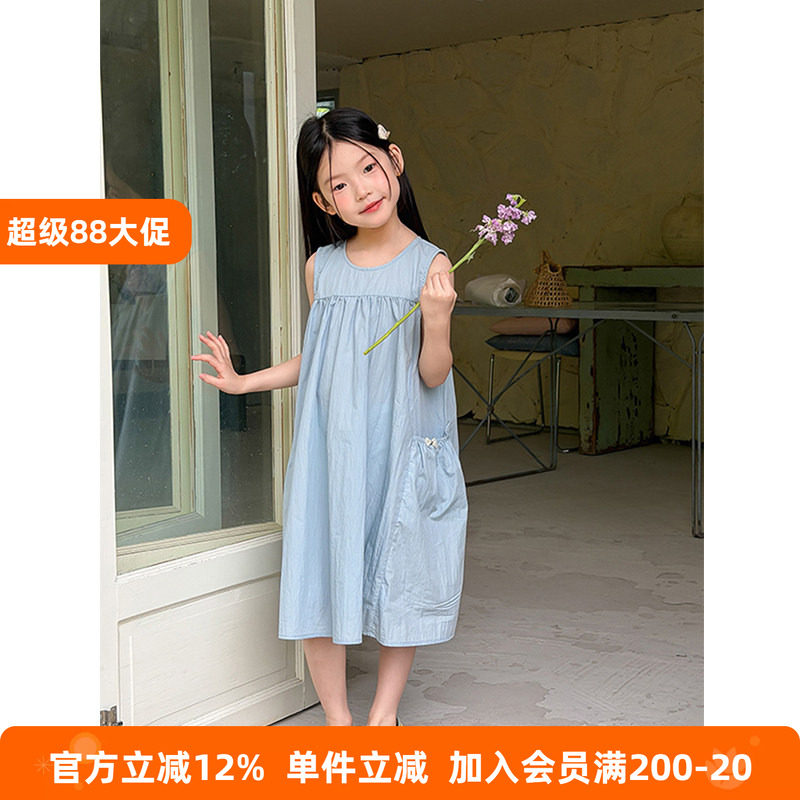 BEIFU贝芙 女童夏季温柔气质蝴蝶结背心裙儿童休闲侧口袋连衣裙子