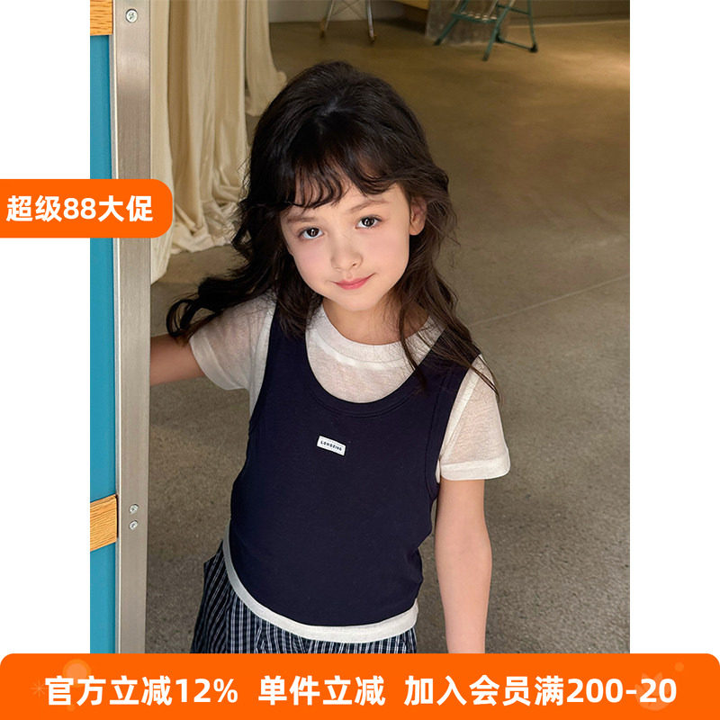 BEIFU贝芙 女童夏装时髦字母贴标短袖T恤儿童撞色假两件早秋上衣