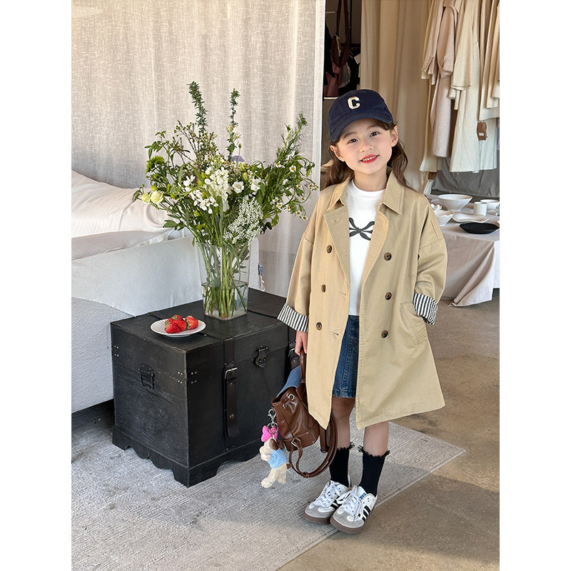 BEIFU贝芙 儿童春秋装中长款百搭休闲风衣外套女童英伦风宽松上衣