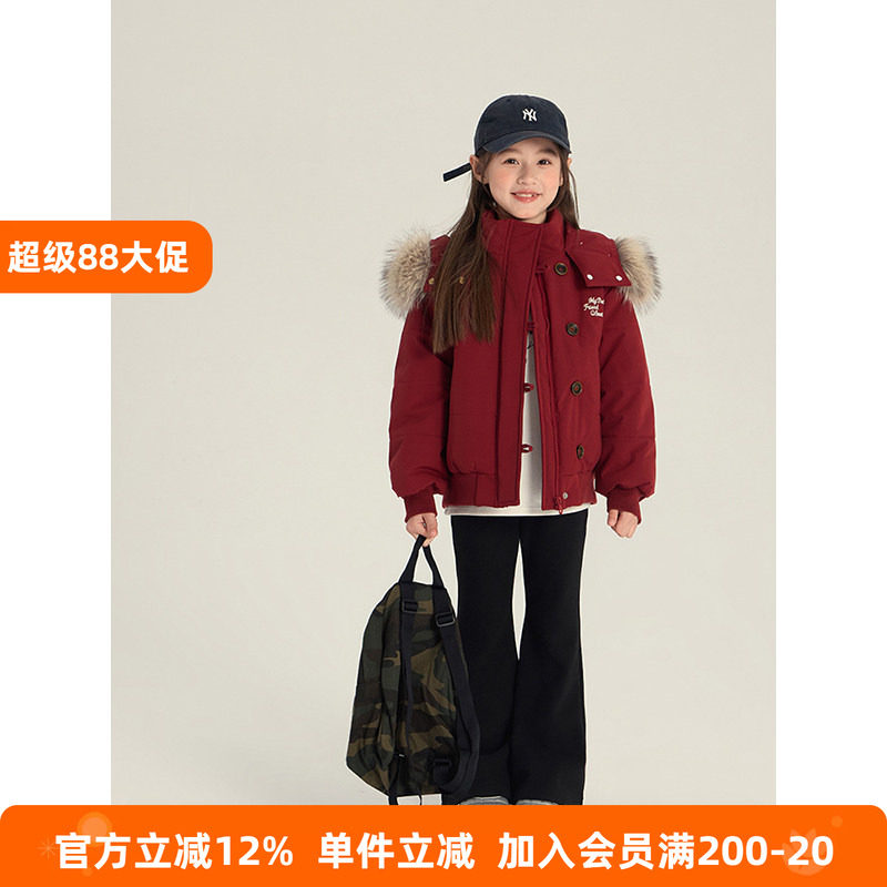 BEIFU贝芙 儿童防风防寒大毛领夹棉外套女童冬季复古加厚保暖棉服