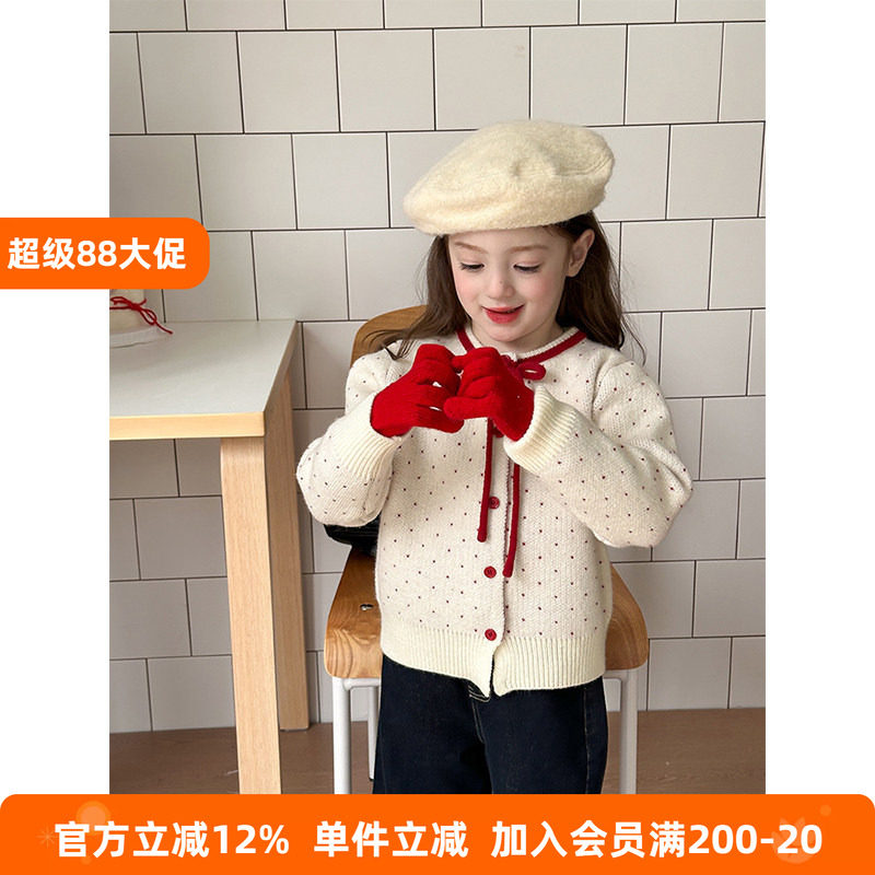 BEIFU贝芙童装 女童波点蝴蝶结绵羊绒针织衫儿童冬季加厚毛衣外套