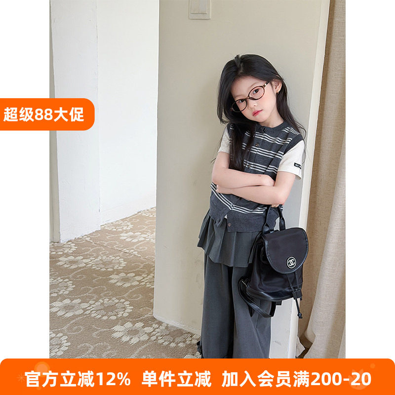 BEIFU贝芙儿童早秋套装时髦条纹坎肩背心女童撞色无袖T恤针织马甲