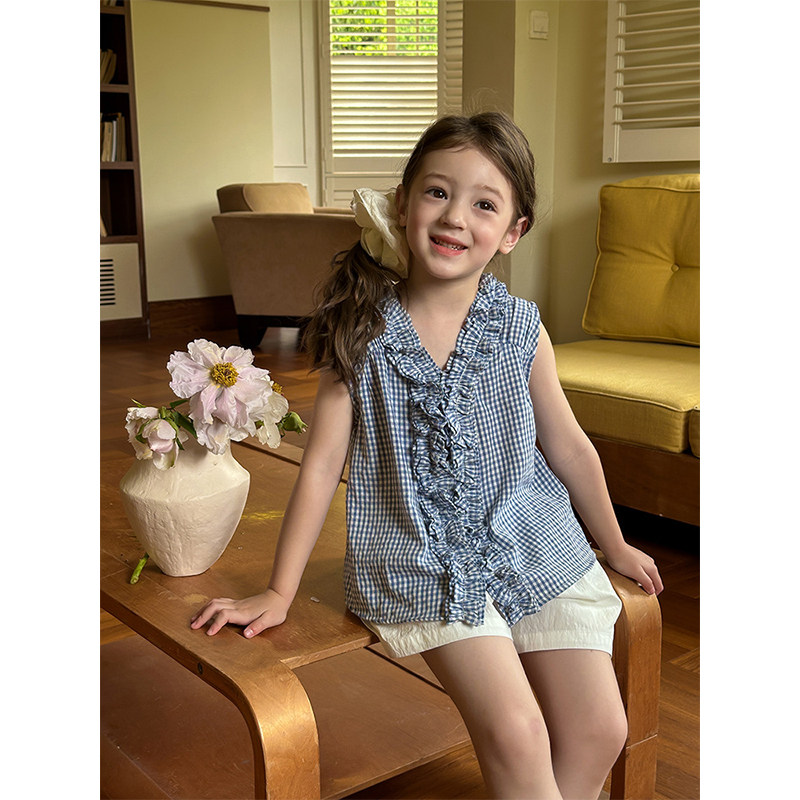 BEIFU贝芙 儿童夏季法式花瓣V领衬衫T恤女童韩版洋气拼接无袖上衣