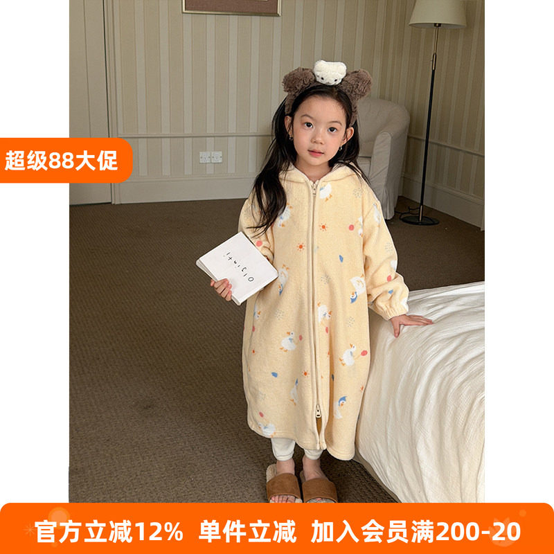 BEIFU贝芙 女童加绒保暖卡通连帽睡衣裙儿童冬季加厚睡袍家居服