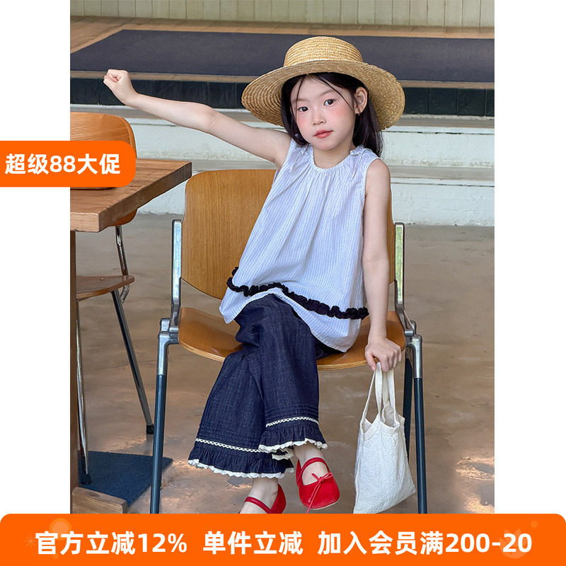 BEIFU贝芙 女童纯棉系带条纹娃娃衫儿童木耳花边拼接无袖背心上衣