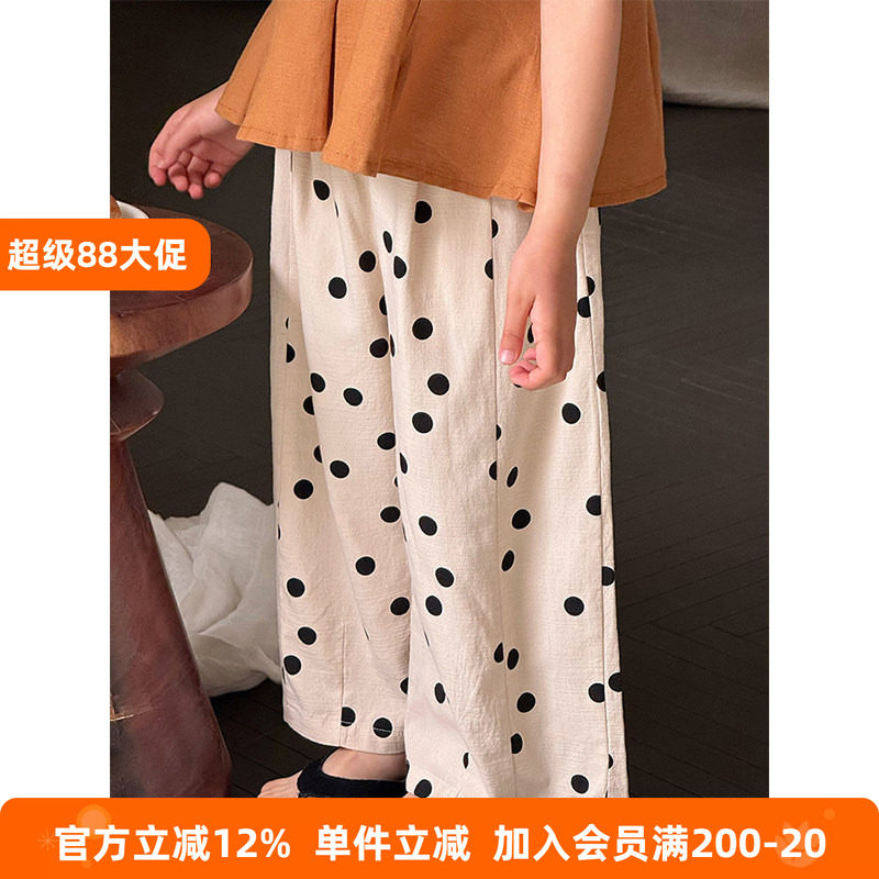 BEIFU贝芙 儿童春夏装复古竹节棉波点防蚊长裤女童韩版拼接阔腿裤