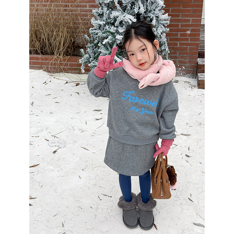 BEIFU贝芙 女童冬季加绒卫衣+半身裙套装儿童韩版加厚保暖短裙子