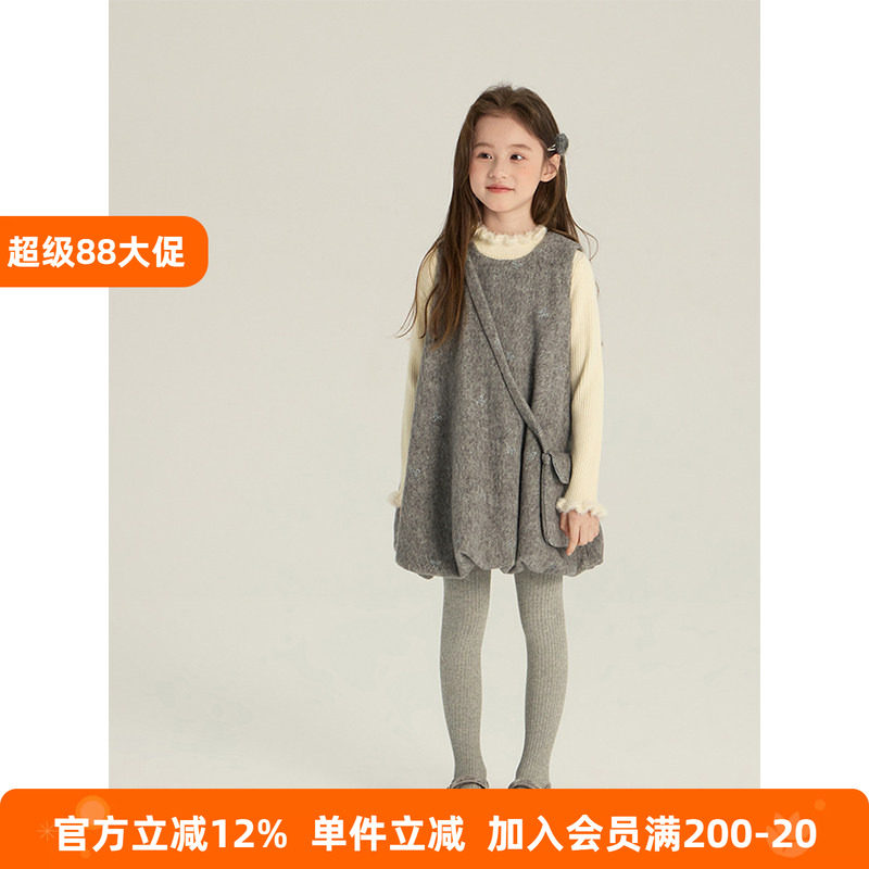 BEIFU贝芙 女童冬季加厚蝴蝶结花边连衣裙儿童韩版百搭呢料背心裙