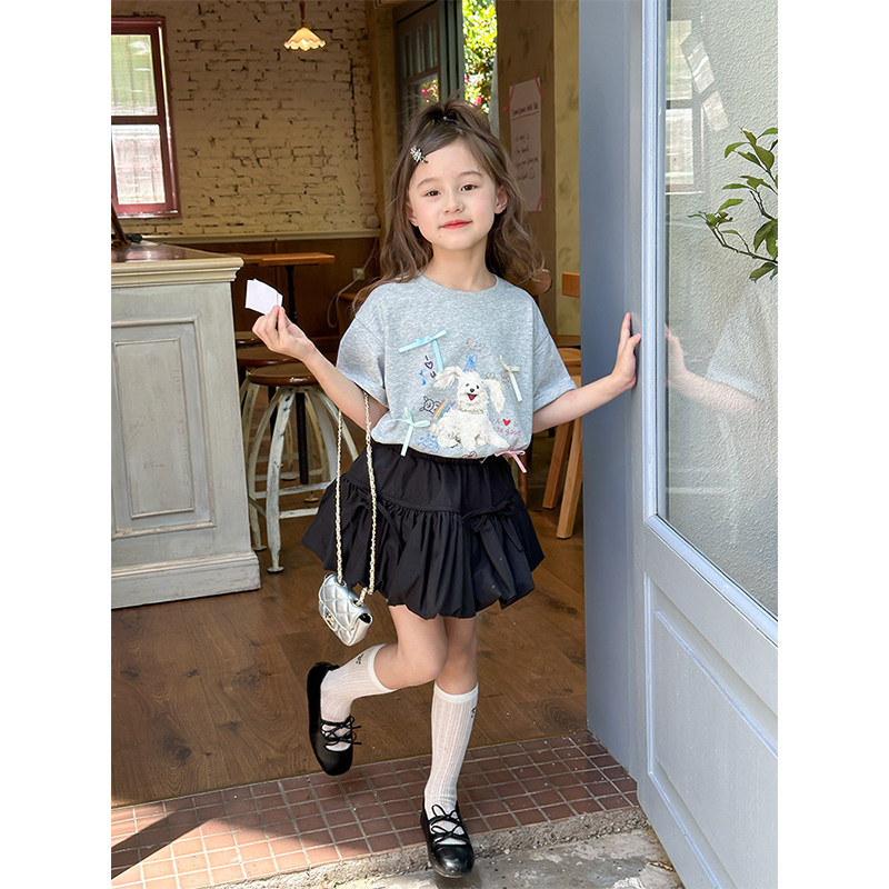 BEIFU贝芙 女童春夏装全棉小狗短袖T恤儿童韩版立体蝴蝶结打底衫