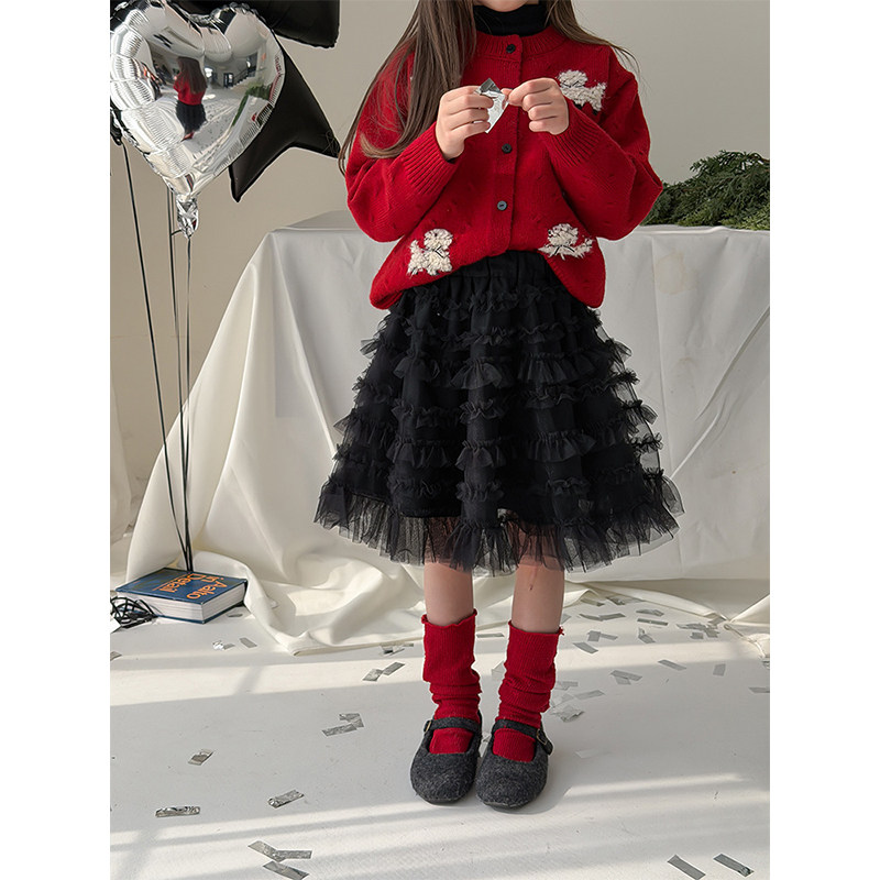 BEIFU贝芙 女童新年洋气米兰网纱半身裙儿童冬季百搭蓬蓬蛋糕裙子