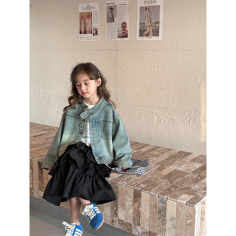 BEIFU贝芙  女童秋装复古耐磨纽扣牛仔外套儿童秋装立领夹克上衣										