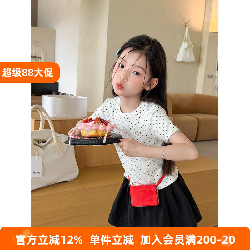 BEIFU贝芙 女童复古波点字母短袖上衣儿童修身短款纯棉正肩T恤夏
