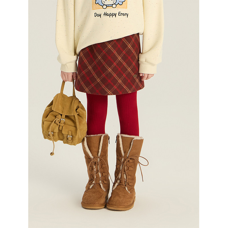 BEIFU贝芙 儿童冬季夹棉毛呢红格子半身裙女童韩版加厚保暖短裙子