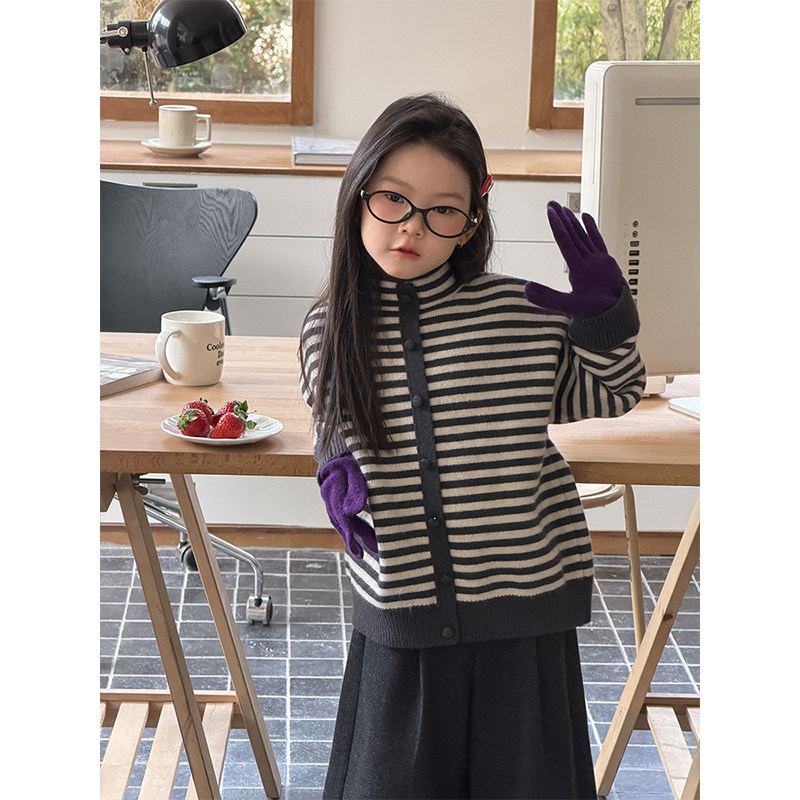 BEIFU贝芙 儿童冬季加绒加厚立领条纹毛衣女童韩版百搭保暖针织衫