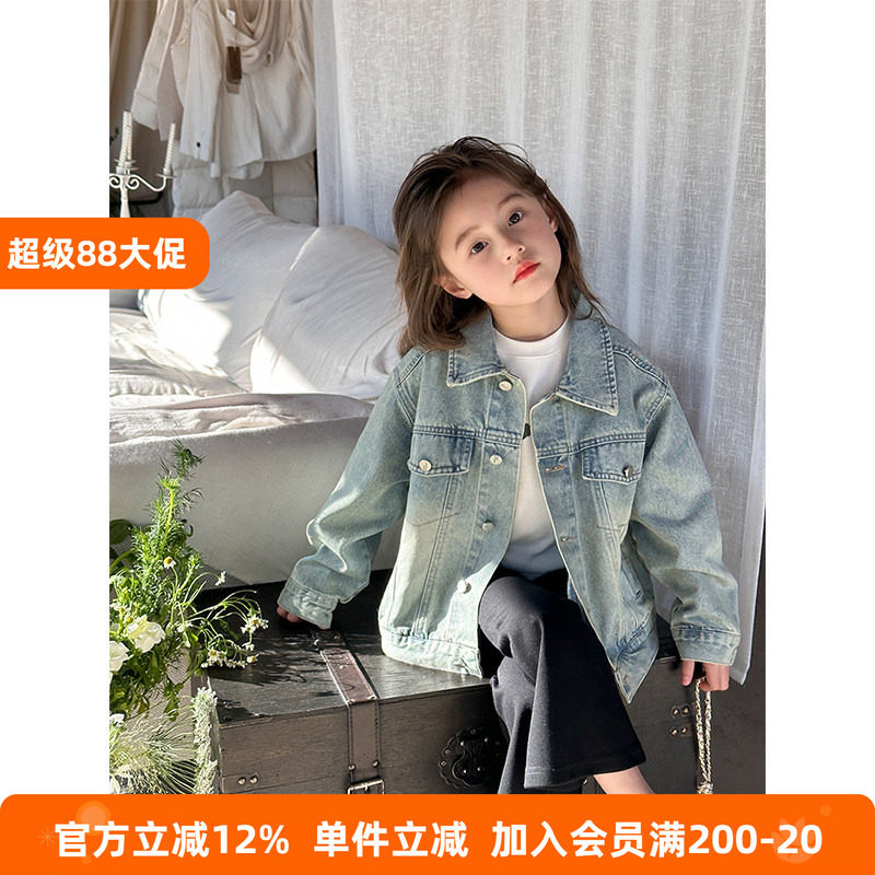 BEIFU贝芙 女童秋装纯棉磨白翻领牛仔外套儿童耐磨耐穿上衣夹克
