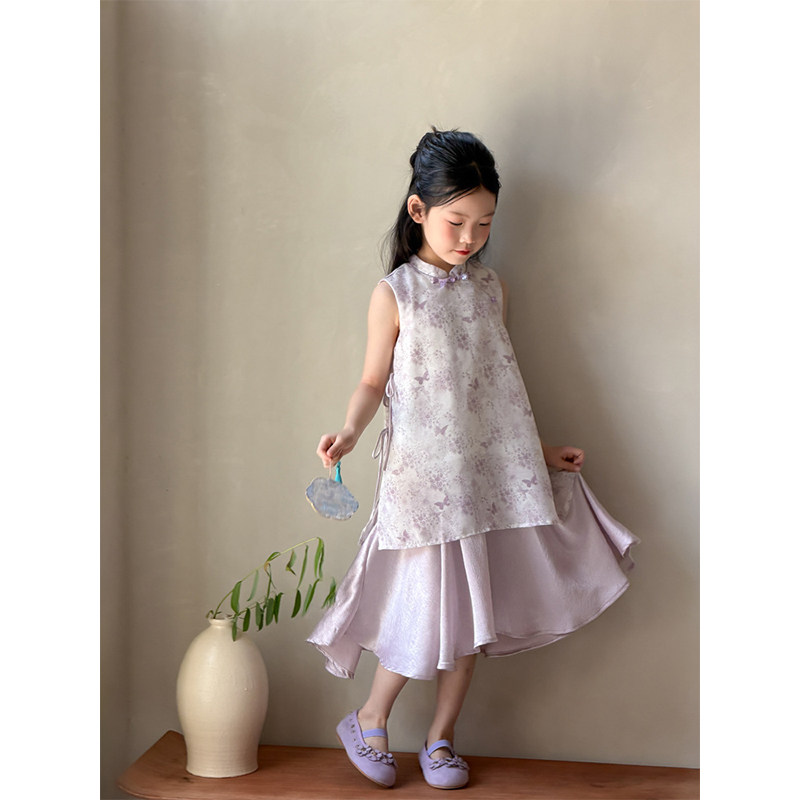 BEIFU贝芙 女童夏季新中式无袖连衣裙儿童背心裙温柔国风汉服裙子