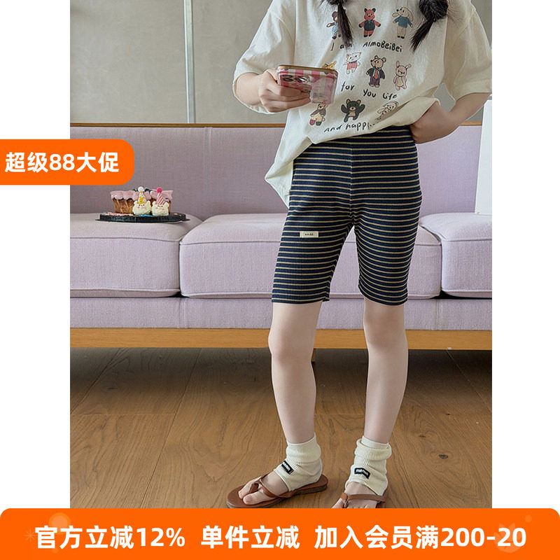 BEIFU贝芙 女童轻薄透气贴标条纹打底短裤夏儿童瑜伽裤五分骑行裤