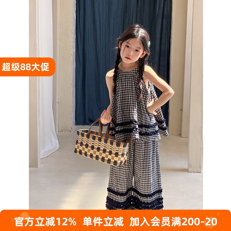 BEIFU贝芙 女童森系纯棉格子套装夏儿童拼接花边背心+裤子两件套
