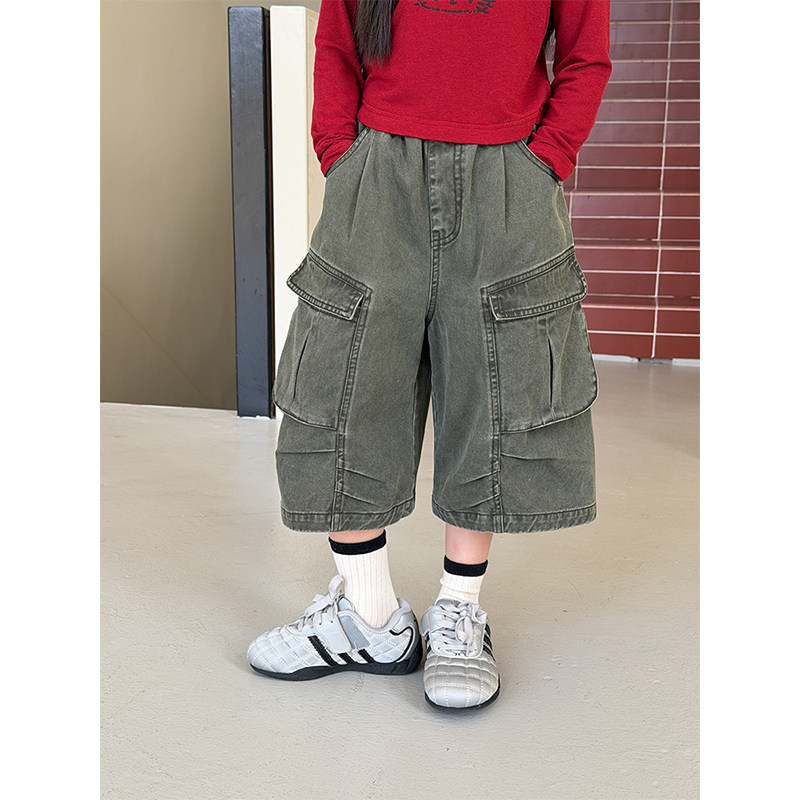 BEIFU贝芙 儿童春夏装时髦口袋工装七分裤女童韩版休闲百搭休闲裤