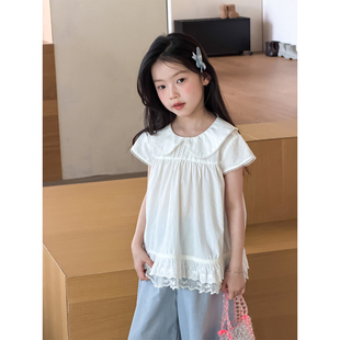 BEIFU贝芙 女童夏季轻薄透气纯棉娃娃衫儿童公主风蕾丝短袖上衣潮