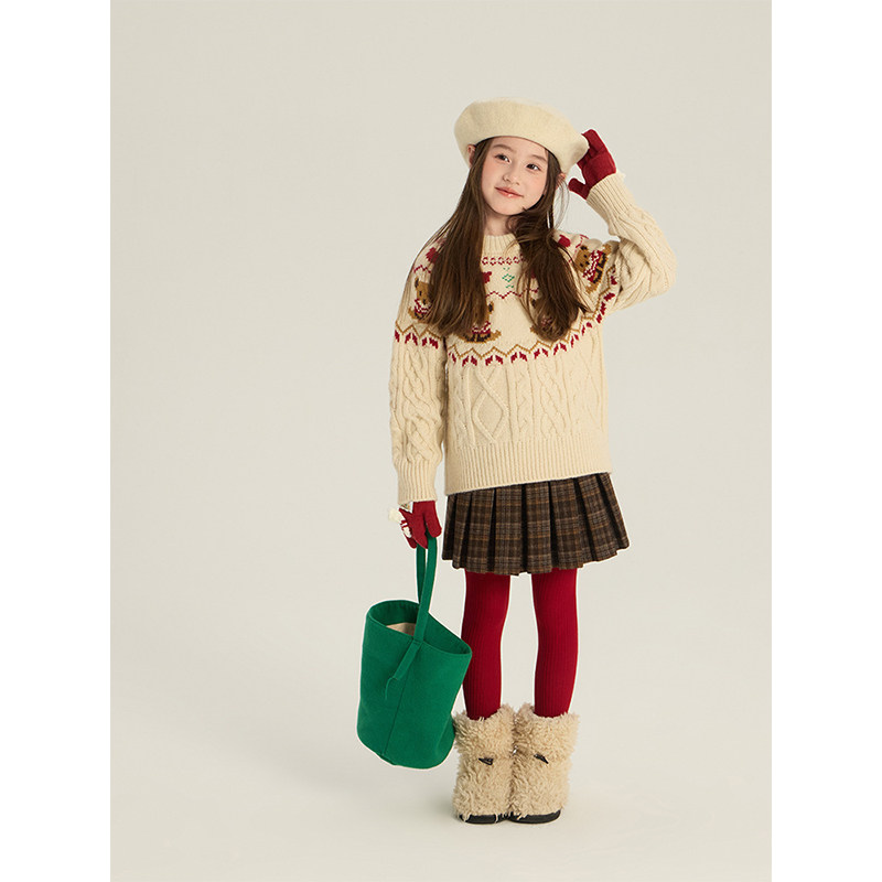 BEIFU贝芙 女童冬季加厚小熊麻花毛衣儿童韩版保暖百搭软糯针织衫