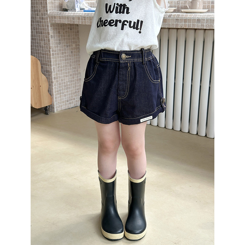 BEIFU贝芙 儿童夏装时髦贴标卷边牛仔短裤女童韩版休闲百搭热裤子