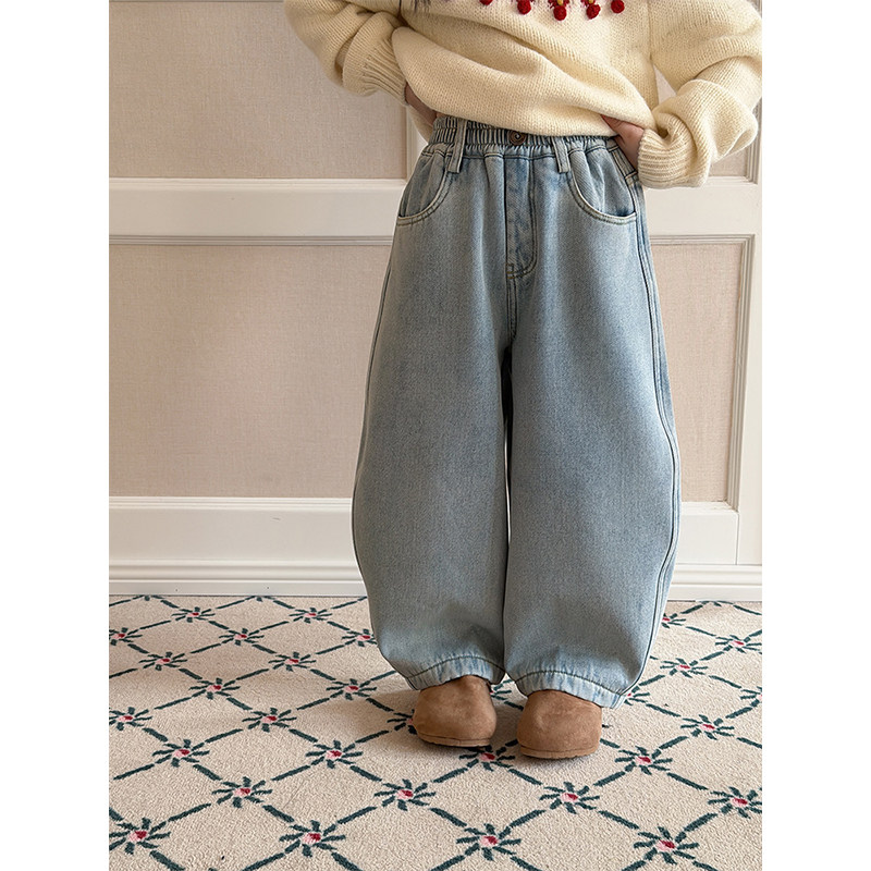 BEIFU贝芙 儿童冬季奥粒绒阔腿弯刀牛仔裤女童加厚加绒休闲长裤潮