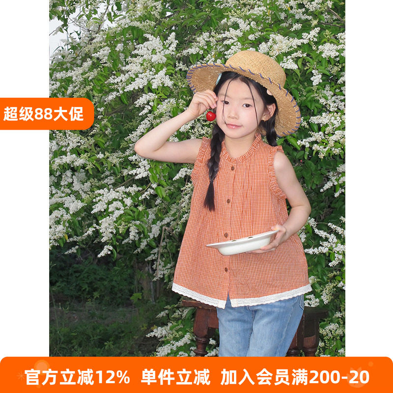 BEIFU贝芙 女童甜美蕾丝拼接格子背心夏儿童休闲纯棉无袖开衫上衣