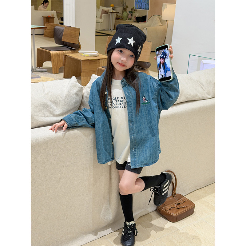BEIFU 男女童秋装纯棉牛仔衬衫儿童小狗刺绣翻领百搭休闲外套上衣