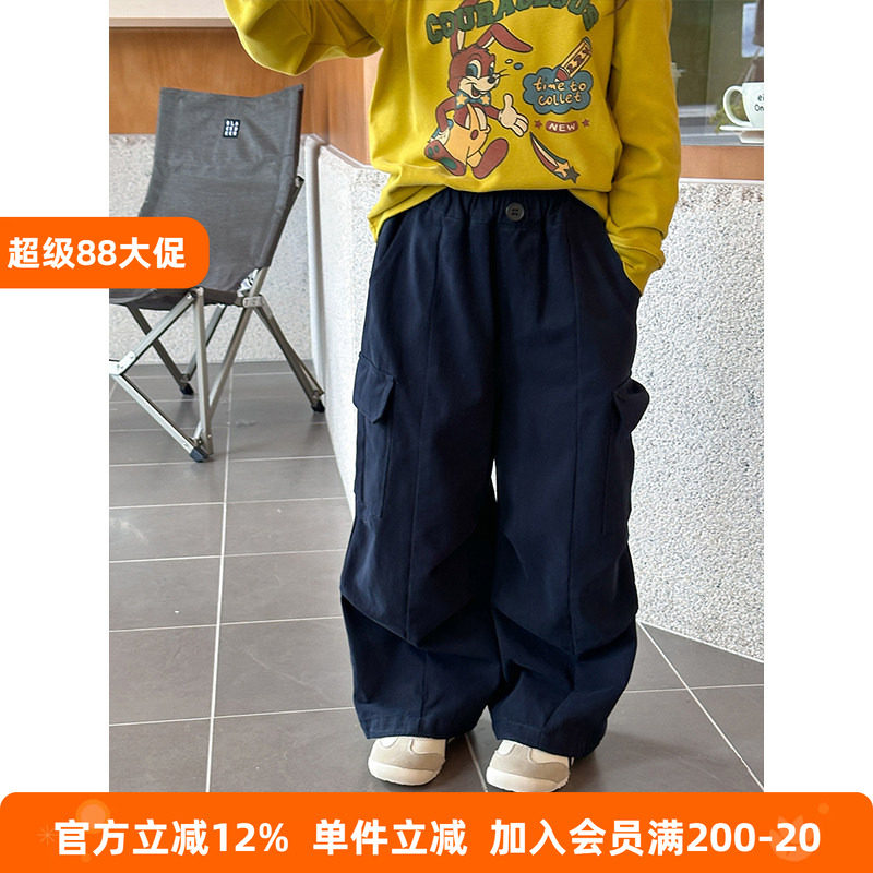 BEIFU贝芙 儿童秋装口袋纯棉休闲裤束脚拼接工装裤女童水洗棉裤子