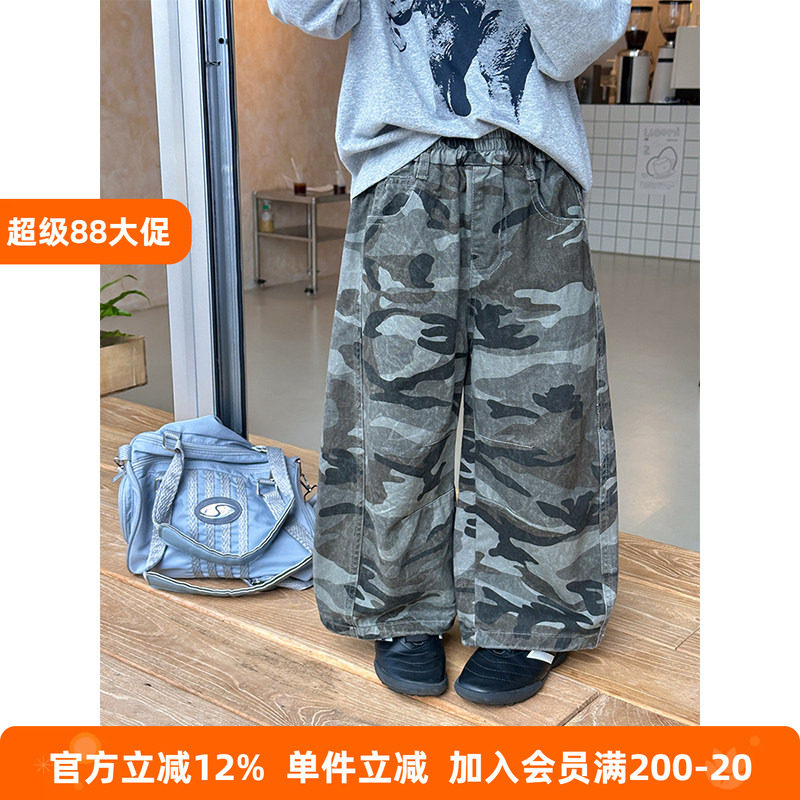 BEIFU贝芙 儿童春秋装纯棉工装迷彩裤女童韩版时髦百搭休闲阔腿裤