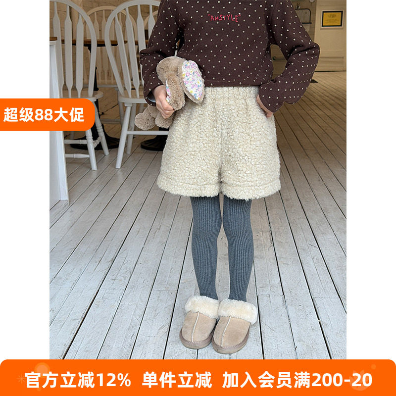 BEIFU贝芙 女童冬季时髦加厚羊羔毛短裤儿童韩版复古百搭毛绒热裤